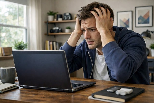 an overwhelmed man in front of a laptop